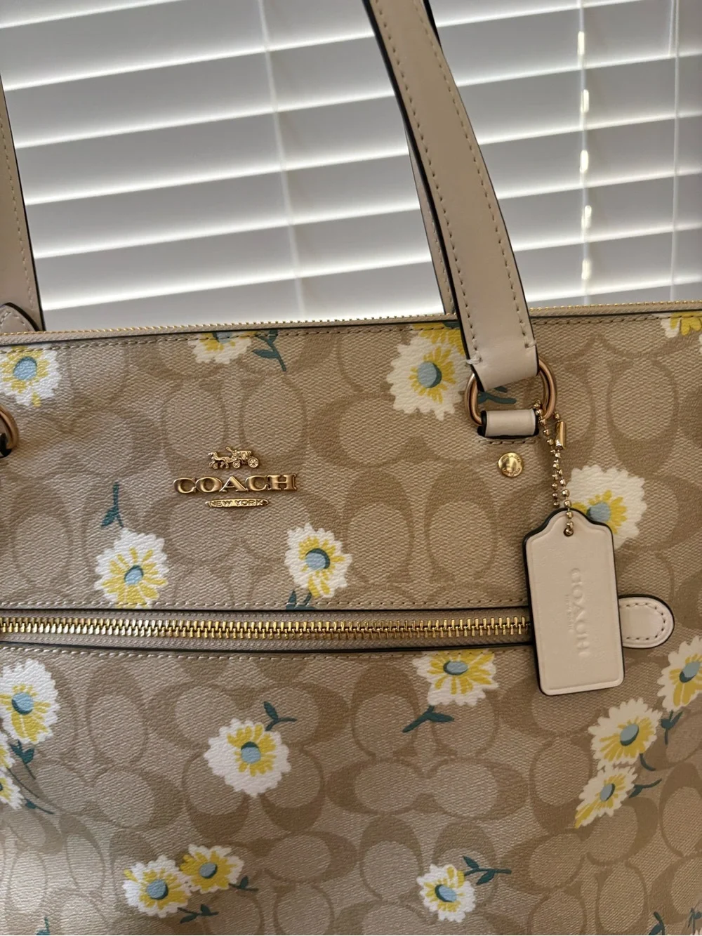 Coach Gallery 32 Beige Floral Canvas Tote with White Handles